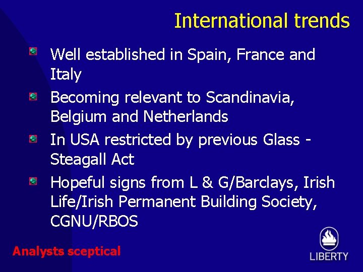 International trends Well established in Spain, France and Italy Becoming relevant to Scandinavia, Belgium