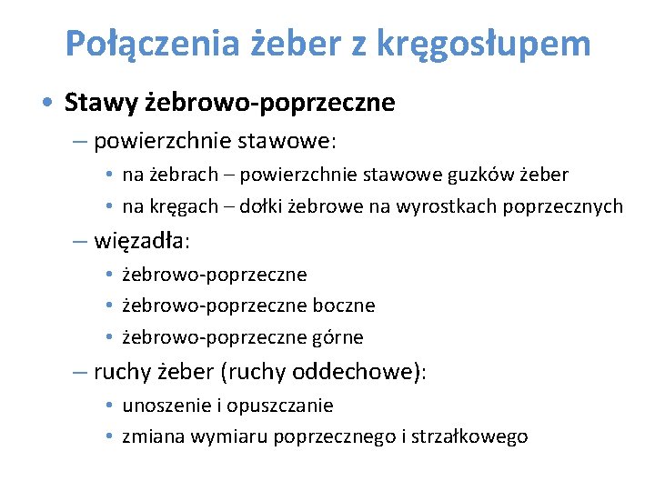 Połączenia żeber z kręgosłupem • Stawy żebrowo-poprzeczne – powierzchnie stawowe: • na żebrach –