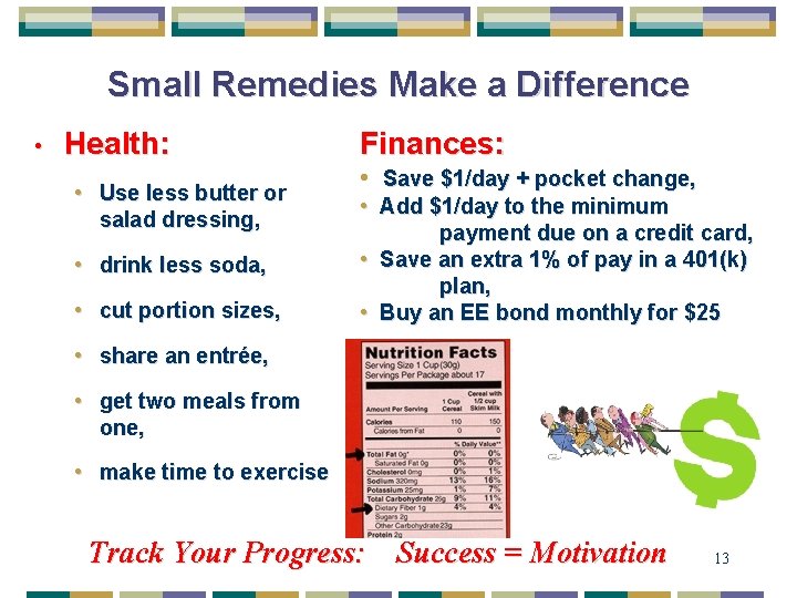 Small Remedies Make a Difference • Health: • Use less butter or salad dressing,