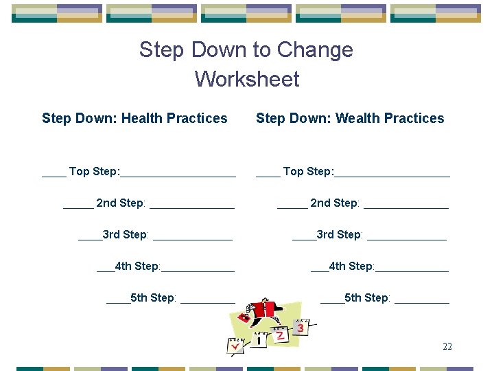 Step Down to Change Worksheet Step Down: Health Practices Step Down: Wealth Practices ____