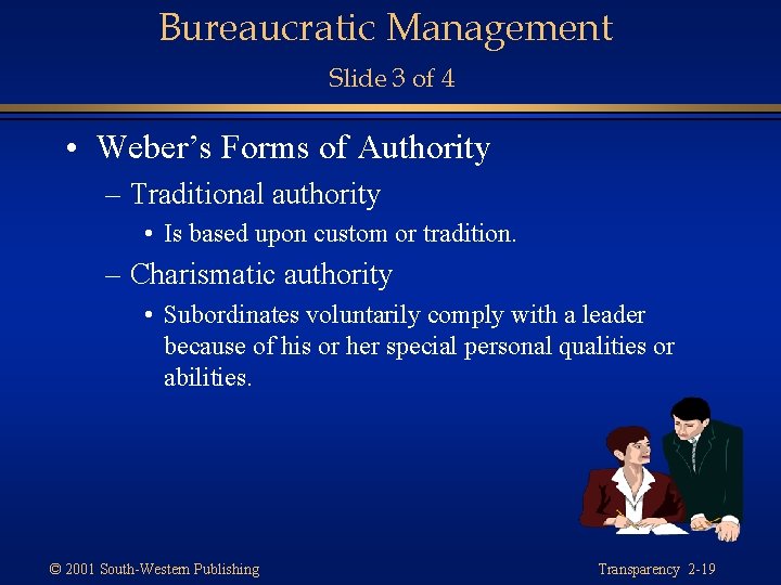 Bureaucratic Management Slide 3 of 4 • Weber’s Forms of Authority – Traditional authority