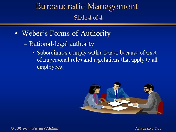 Bureaucratic Management Slide 4 of 4 • Weber’s Forms of Authority – Rational-legal authority