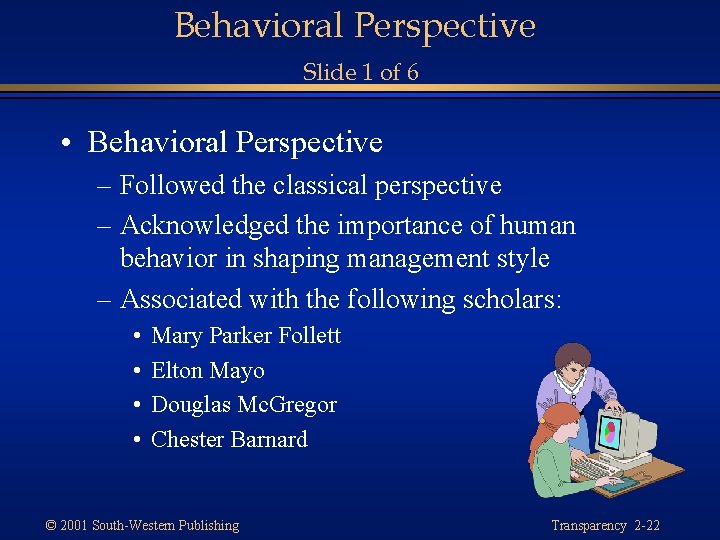 Behavioral Perspective Slide 1 of 6 • Behavioral Perspective – Followed the classical perspective