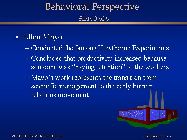 Behavioral Perspective Slide 3 of 6 • Elton Mayo – Conducted the famous Hawthorne