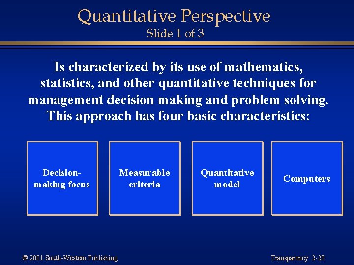Quantitative Perspective Slide 1 of 3 Is characterized by its use of mathematics, statistics,