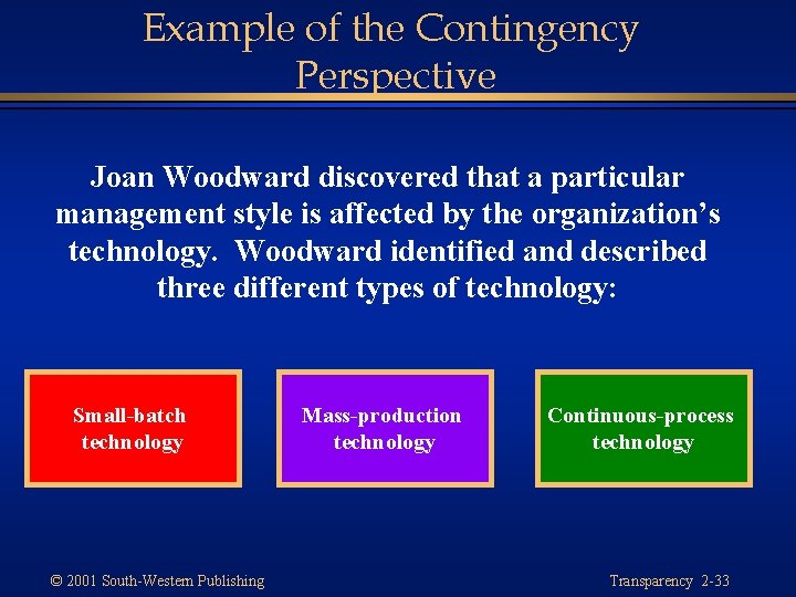 Example of the Contingency Perspective Joan Woodward discovered that a particular management style is