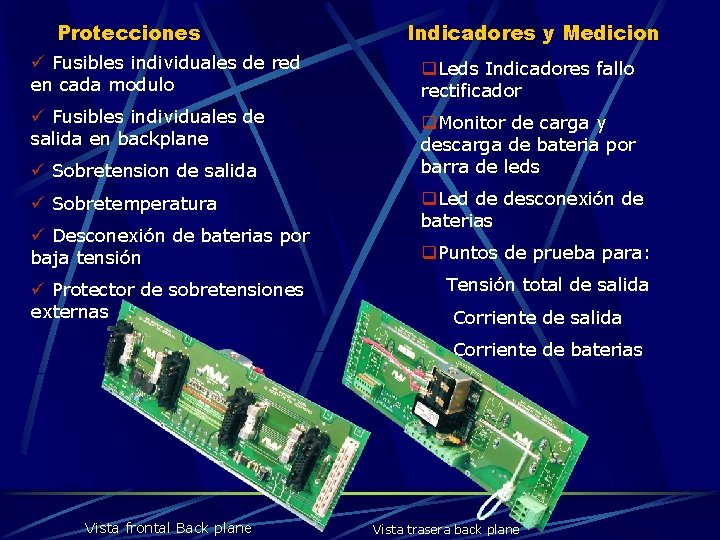 Protecciones Indicadores y Medicion ü Fusibles individuales de red en cada modulo q. Leds Protecciones Indicadores y Medicion ü Fusibles individuales de red en cada modulo q. Leds