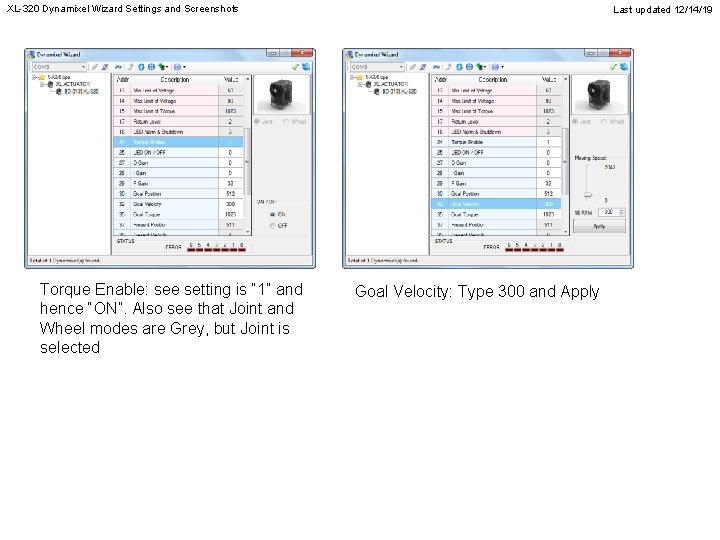 XL320 Dynamixel Wizard Settings and Screenshots Torque Enable