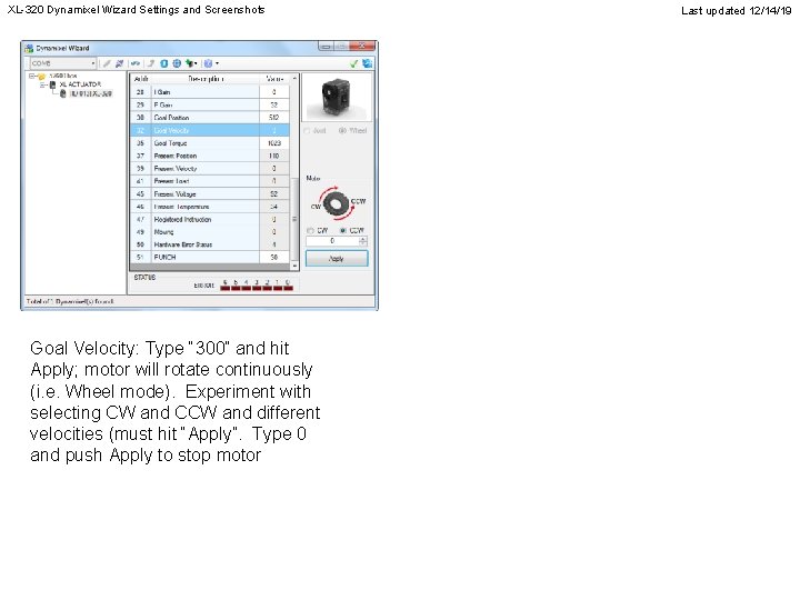 XL320 Dynamixel Wizard Settings and Screenshots Torque Enable