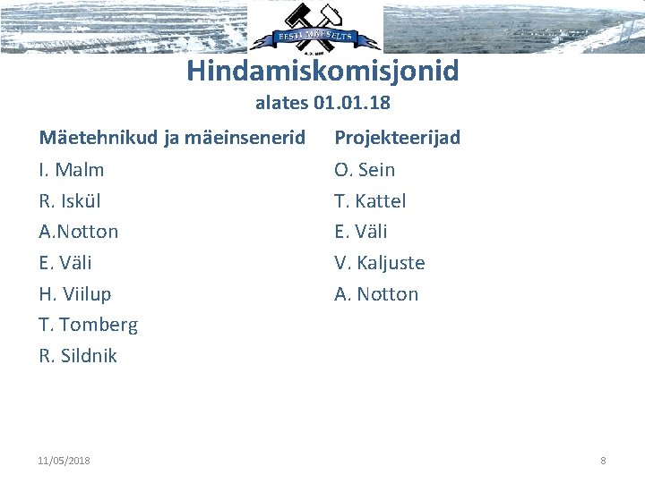 Hindamiskomisjonid alates 01. 18 Mäetehnikud ja mäeinsenerid Projekteerijad I. Malm R. Iskül A. Notton Hindamiskomisjonid alates 01. 18 Mäetehnikud ja mäeinsenerid Projekteerijad I. Malm R. Iskül A. Notton