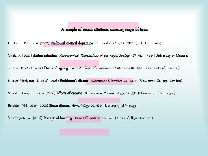 A sample of recent citations, showing range of topic Hitchcott, P. K. et al.