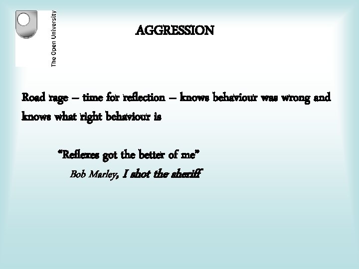 AGGRESSION Road rage – time for reflection – knows behaviour was wrong and knows