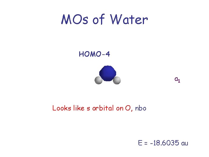 MOs of Water HOMO-4 a 1 Looks like s orbital on O, nbo E