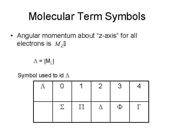 Molecular Term Symbols • Angular momentum about “z-axis” for all electrons is L =