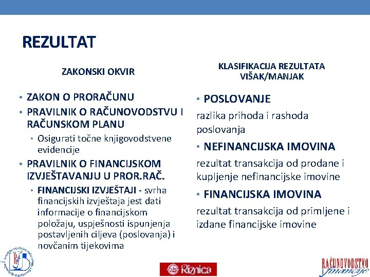 REZULTAT ZAKONSKI OKVIR • ZAKON O PRORAČUNU • PRAVILNIK O RAČUNOVODSTVU I RAČUNSKOM PLANU