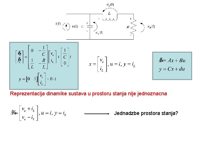 Reprezentacija dinamike sustava u prostoru stanja nije jednoznacna Jednadzbe prostora stanja? 