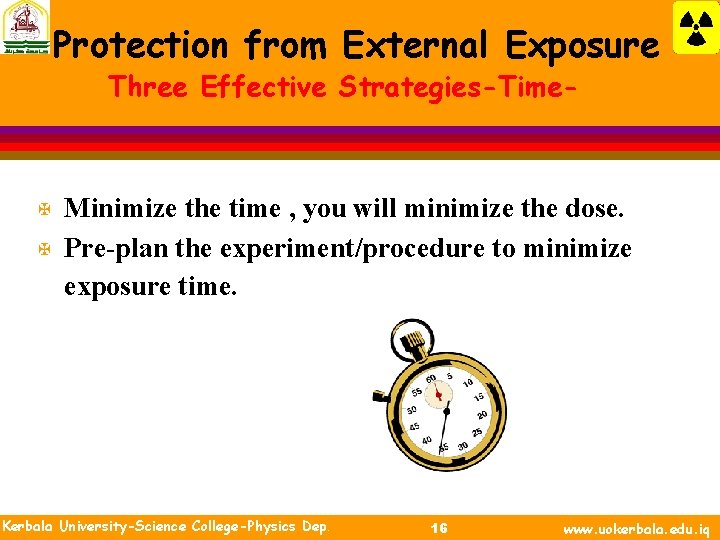 Protection from External Exposure Three Effective Strategies-Time- X X Minimize the time , you