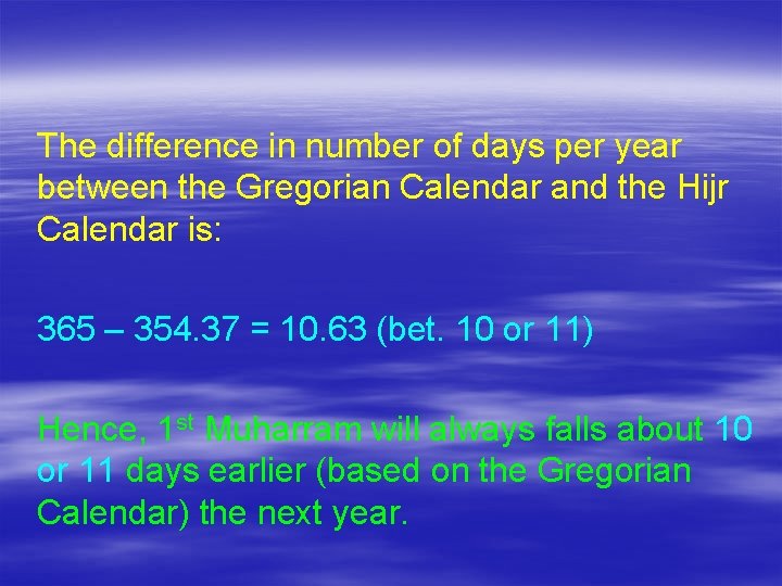 The difference in number of days per year between the Gregorian Calendar and the
