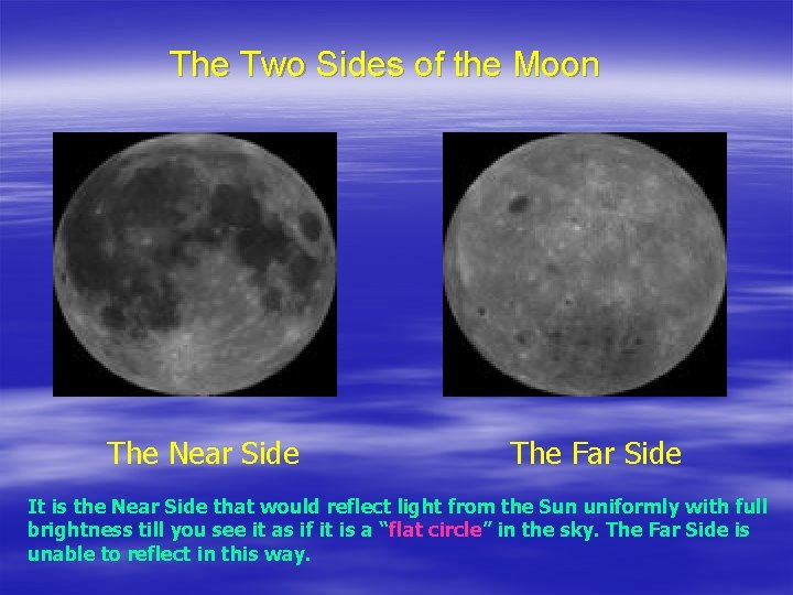 The Two Sides of the Moon The Near Side The Far Side It is