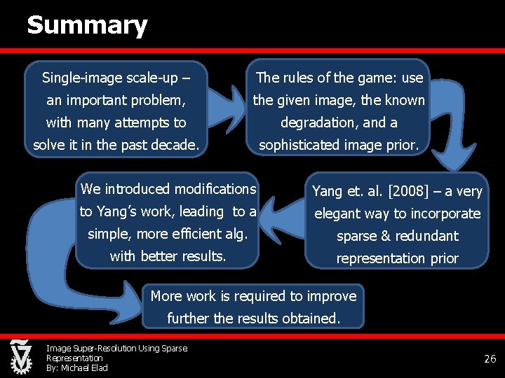 Summary Single-image scale-up – The rules of the game: use an important problem, the