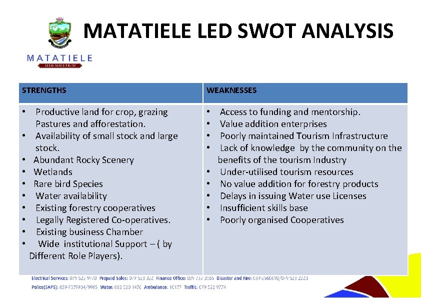MATATIELE LED SWOT ANALYSIS STRENGTHS WEAKNESSES • Productive land for crop, grazing Pastures and