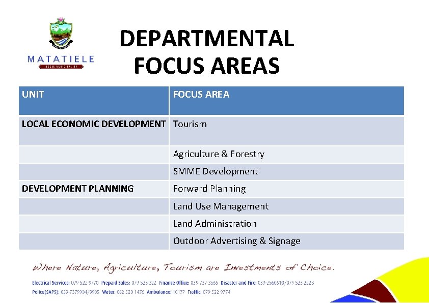 DEPARTMENTAL FOCUS AREAS UNIT FOCUS AREA LOCAL ECONOMIC DEVELOPMENT Tourism Agriculture & Forestry SMME