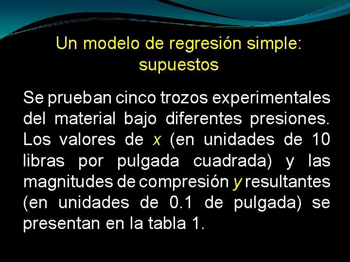 Un modelo de regresión simple: supuestos Se prueban cinco trozos experimentales del material bajo