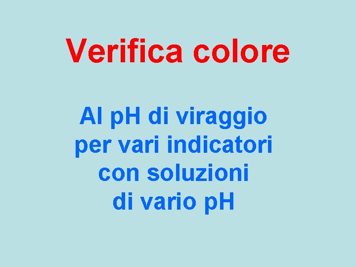 Verifica colore Al p. H di viraggio per vari indicatori con soluzioni di vario