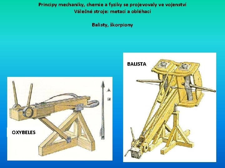 Principy mechaniky, chemie a fyziky se projevovaly ve vojenství Válečné stroje: metací a obléhací