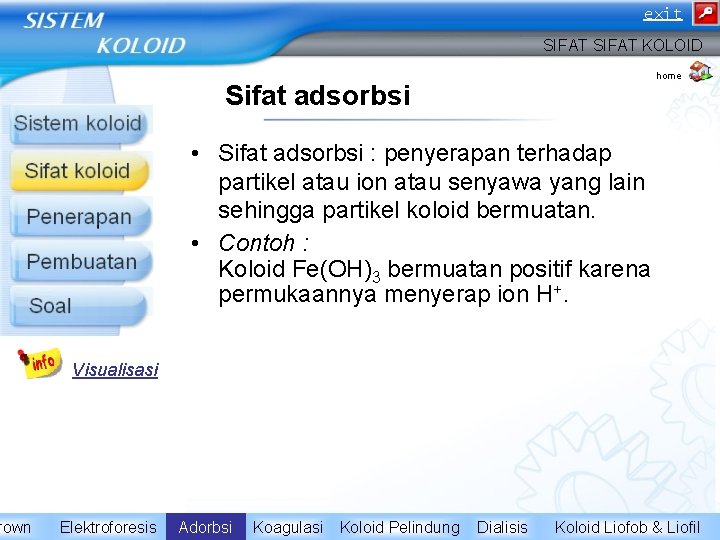 rown exit SIFAT KOLOID home Sifat adsorbsi • Sifat adsorbsi : penyerapan terhadap partikel rown exit SIFAT KOLOID home Sifat adsorbsi • Sifat adsorbsi : penyerapan terhadap partikel