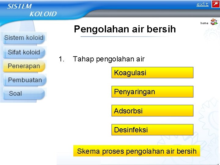 exit Pengolahan air bersih 1. Tahap pengolahan air Koagulasi Penyaringan Adsorbsi Desinfeksi Skema proses exit Pengolahan air bersih 1. Tahap pengolahan air Koagulasi Penyaringan Adsorbsi Desinfeksi Skema proses