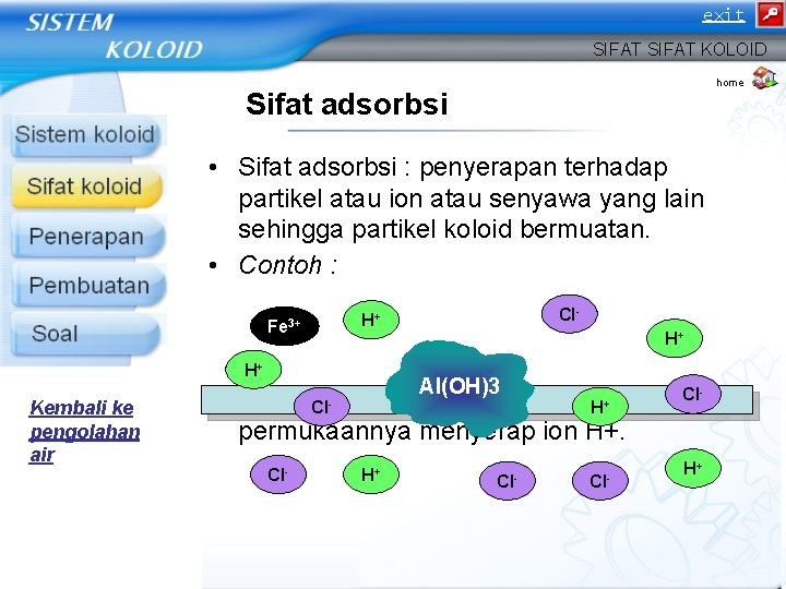 exit SIFAT KOLOID home Sifat adsorbsi • Sifat adsorbsi : penyerapan terhadap partikel atau exit SIFAT KOLOID home Sifat adsorbsi • Sifat adsorbsi : penyerapan terhadap partikel atau