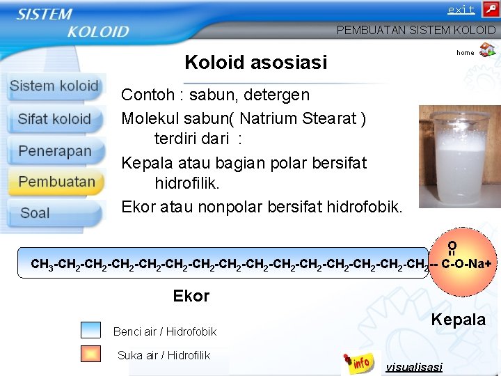 exit PEMBUATAN SISTEM KOLOID home Koloid asosiasi Contoh : sabun, detergen Molekul sabun( Natrium exit PEMBUATAN SISTEM KOLOID home Koloid asosiasi Contoh : sabun, detergen Molekul sabun( Natrium