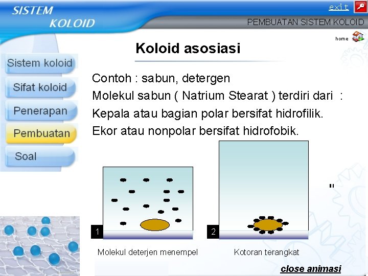 exit PEMBUATAN SISTEM KOLOID home Koloid asosiasi Contoh : sabun, detergen Molekul sabun ( exit PEMBUATAN SISTEM KOLOID home Koloid asosiasi Contoh : sabun, detergen Molekul sabun (