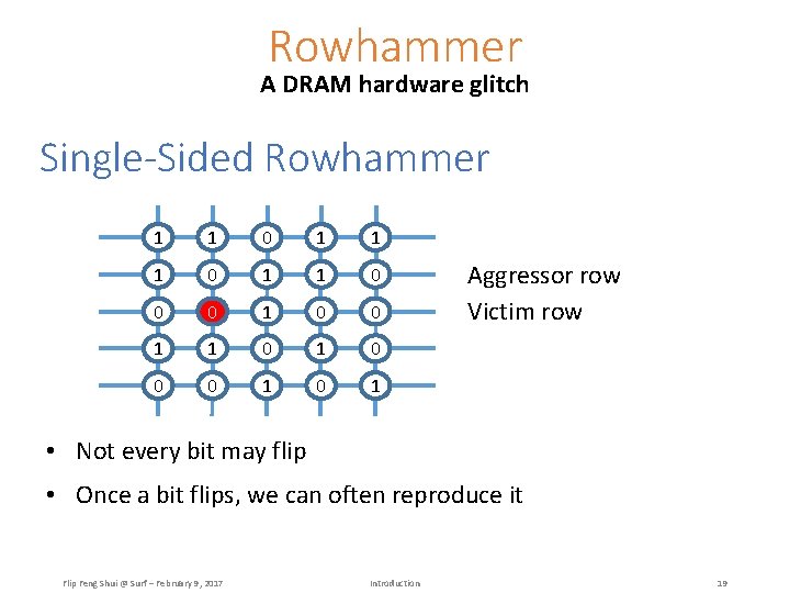 Rowhammer A DRAM hardware glitch Single-Sided Rowhammer 1 1 0 0 0 1 1