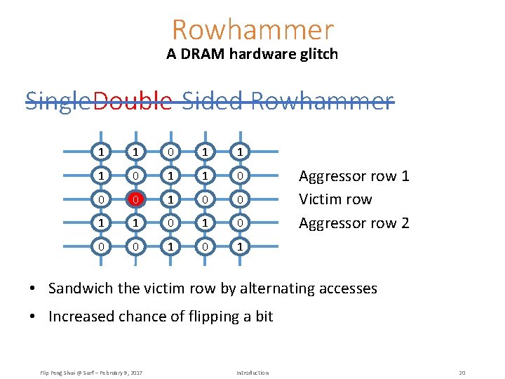 Rowhammer A DRAM hardware glitch Single. Double-Sided Rowhammer 1 1 0 0 0 1