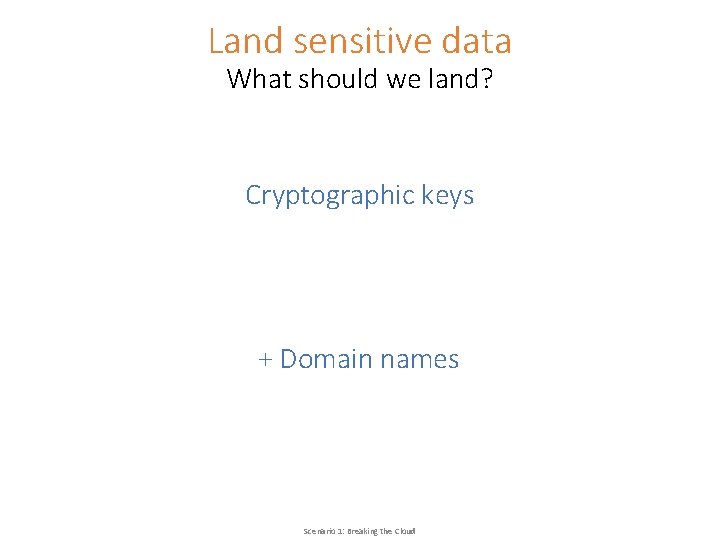 Land sensitive data What should we land? Cryptographic keys + Domain names Scenario 1: