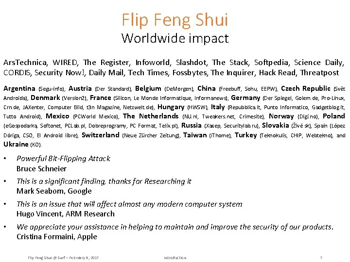 Flip Feng Shui Worldwide impact Ars. Technica, WIRED, The Register, Infoworld, Slashdot, The Stack,