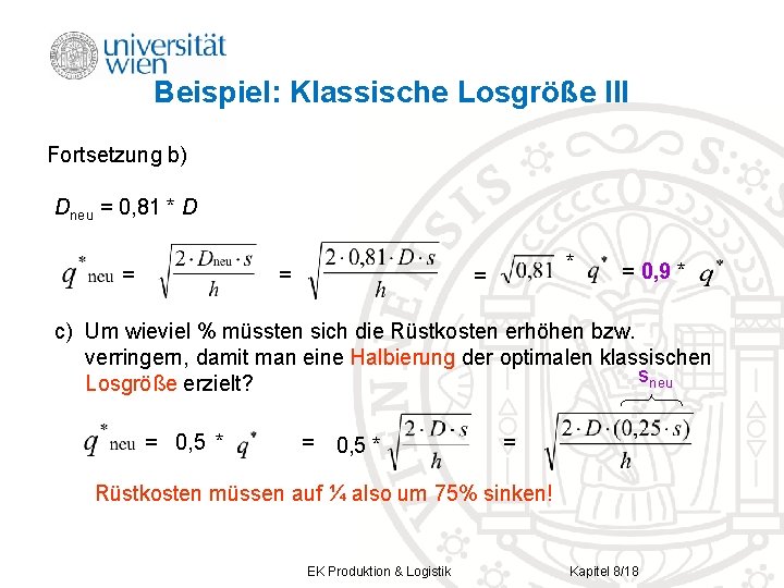 Beispiel: Klassische Losgröße III Fortsetzung b) Dneu = 0, 81 * D = =