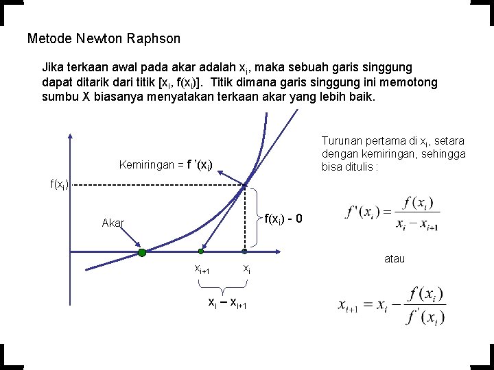 Metode Newton Raphson Jika terkaan awal pada akar adalah xi, maka sebuah garis singgung