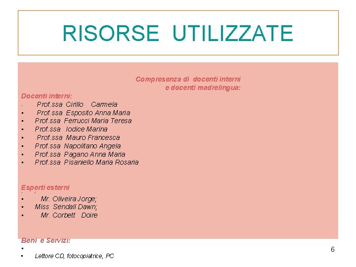 RISORSE UTILIZZATE Compresenza di docenti interni e docenti madrelingua: Docenti interni: • Prof. ssa