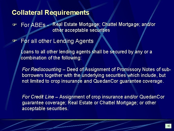 Collateral Requirements F For ABEs - Real Estate Mortgage; Chattel Mortgage; and/or other acceptable