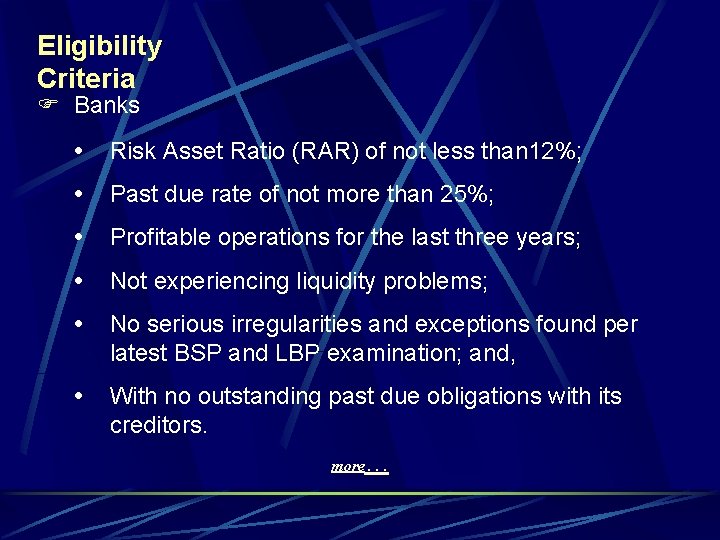 Eligibility Criteria F Banks Risk Asset Ratio (RAR) of not less than 12%; Past