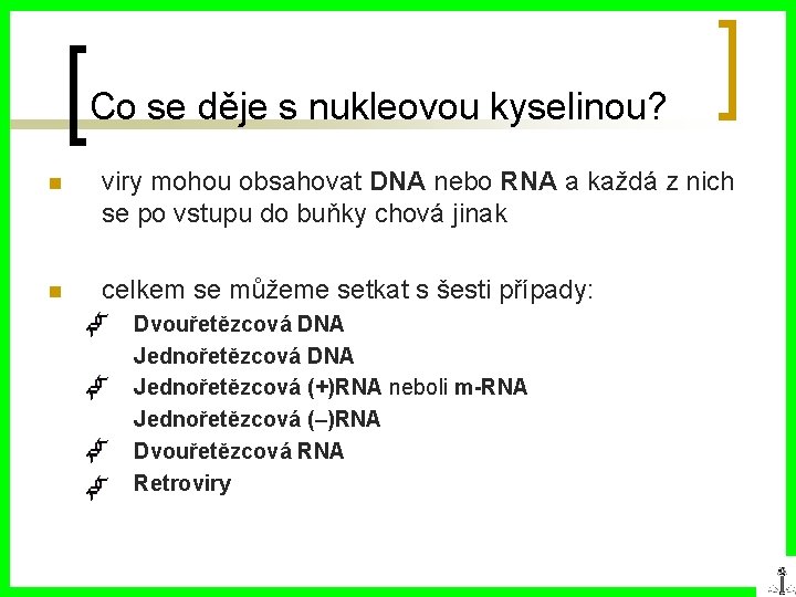 Co se děje s nukleovou kyselinou? n viry mohou obsahovat DNA nebo RNA a
