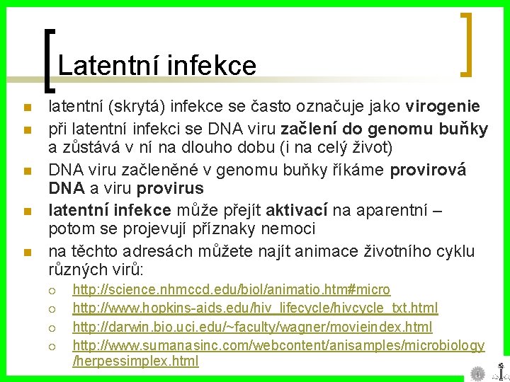 Latentní infekce n n n latentní (skrytá) infekce se často označuje jako virogenie při