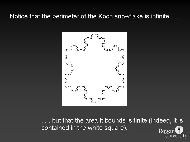 Notice that the perimeter of the Koch snowflake is infinite. . . but that