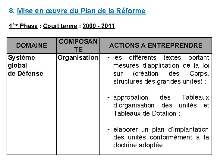 8. Mise en œuvre du Plan de la Réforme 1ère Phase : Court terme