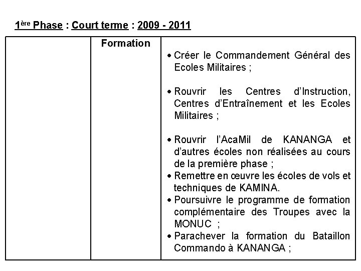 1ère Phase : Court terme : 2009 - 2011 Formation Créer le Commandement Général