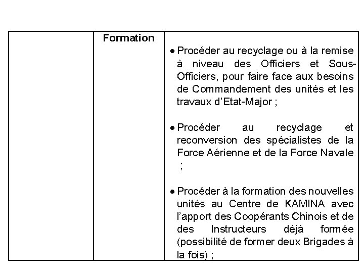 Formation Procéder au recyclage ou à la remise à niveau des Officiers et Sous.