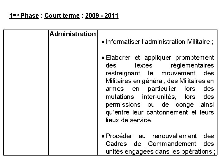 1ère Phase : Court terme : 2009 - 2011 Administration Informatiser l’administration Militaire ;